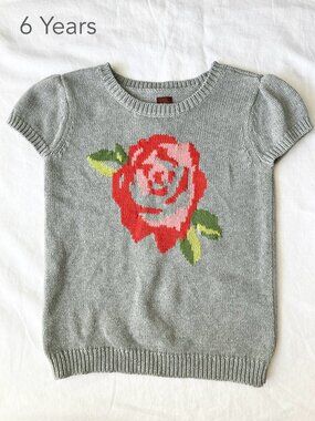 🪴5/$30 Tea Collection 6 Years Girl Grey Knit Cap Sleeve Sweater Top Flower